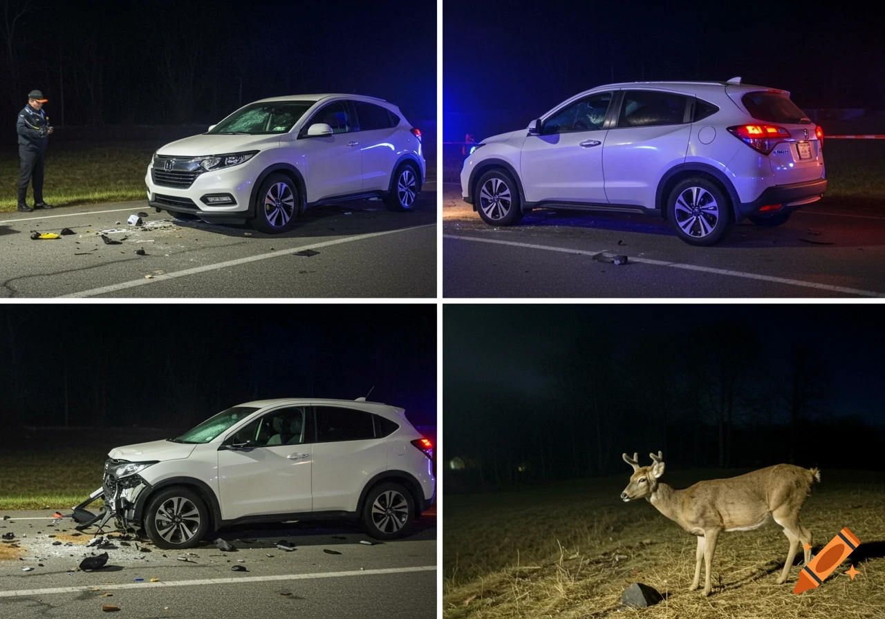Four panels show a white SUV involved in a car-deer accident on a rural road at night, with debris, a police officer, and a deer.