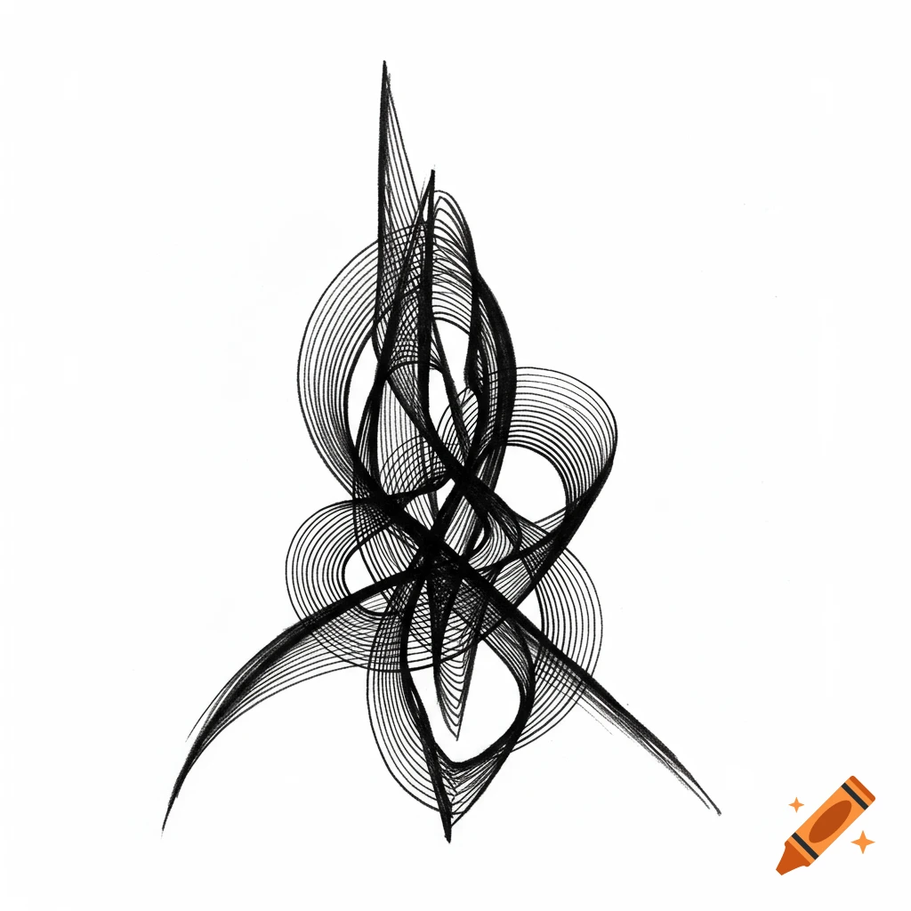 An intricate abstract design composed of numerous black curving lines on a white background.