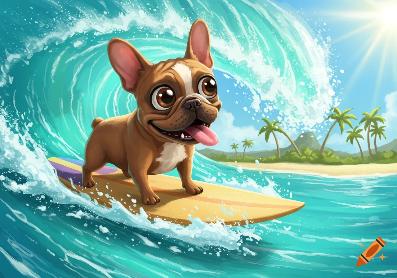 A happy cartoon French bulldog surfs a wave on a colorful surfboard near a tropical beach.