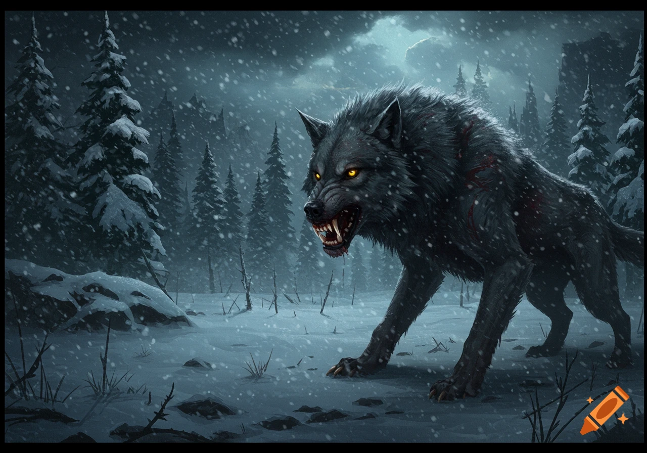 A fierce, dark wolf with glowing yellow eyes snarls in a snowy forest during a snowfall.