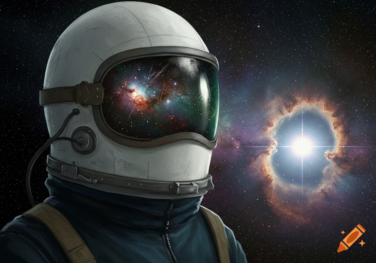 A close-up of an astronaut's helmet with a vibrant galaxy and nebula reflected in the visor and in the background.