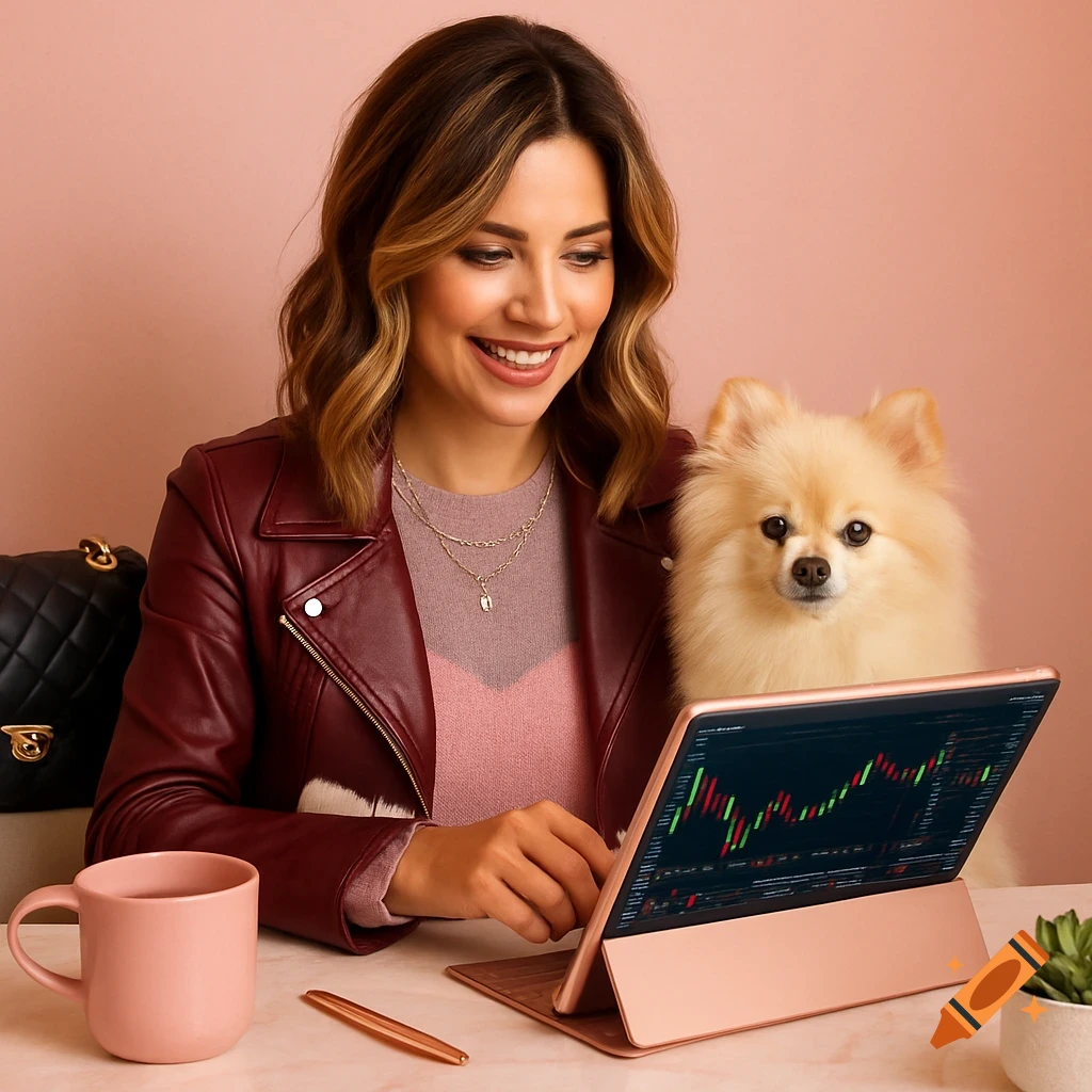 Photorealistic image of a woman and a fluffy Pomeranian dog looking at stock charts on a rose gold iPad.