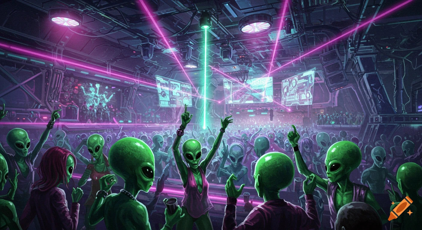 Green aliens with large heads partying in a neon-lit futuristic nightclub with lasers and bright screens.