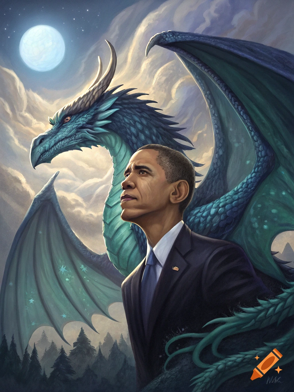 An illustration of Barack Obama with a teal dragon behind him under a full moon, in a fantasy art style.