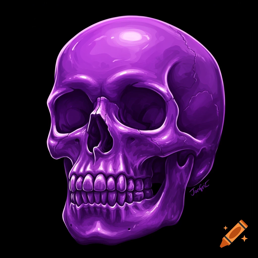 A stylized, glossy purple skull on a black background.