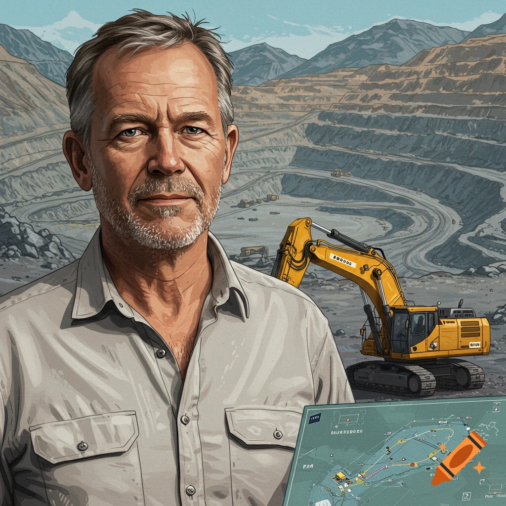 An illustration of a bearded man, a mine site, and an excavator. He holds a map in the foreground.