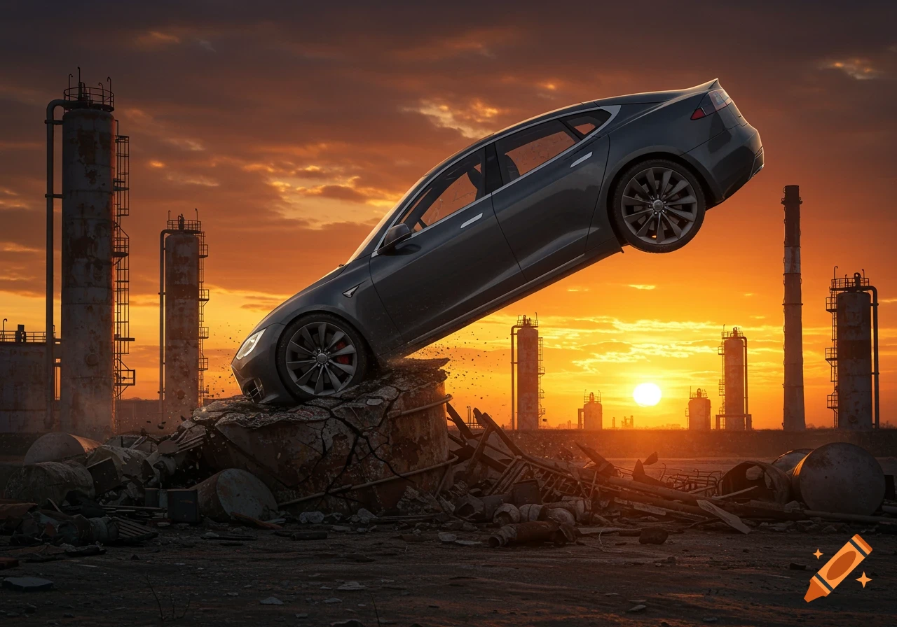 Dark gray Tesla car balanced on a pile of rubble in front of an industrial oil refinery at sunset.