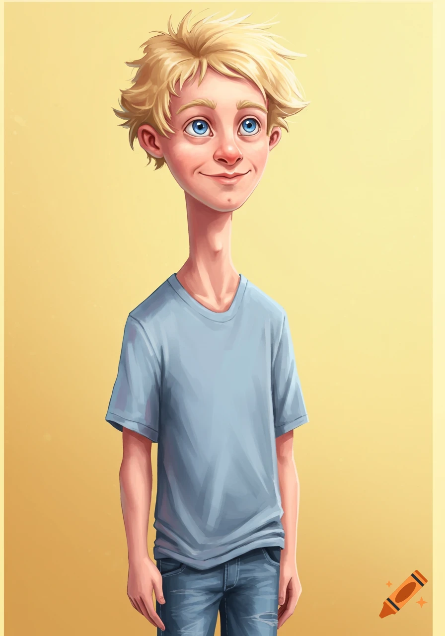 A cartoon drawing of a lanky boy with blond hair and blue eyes, wearing a blue t-shirt and jeans, standing against a yellow background.