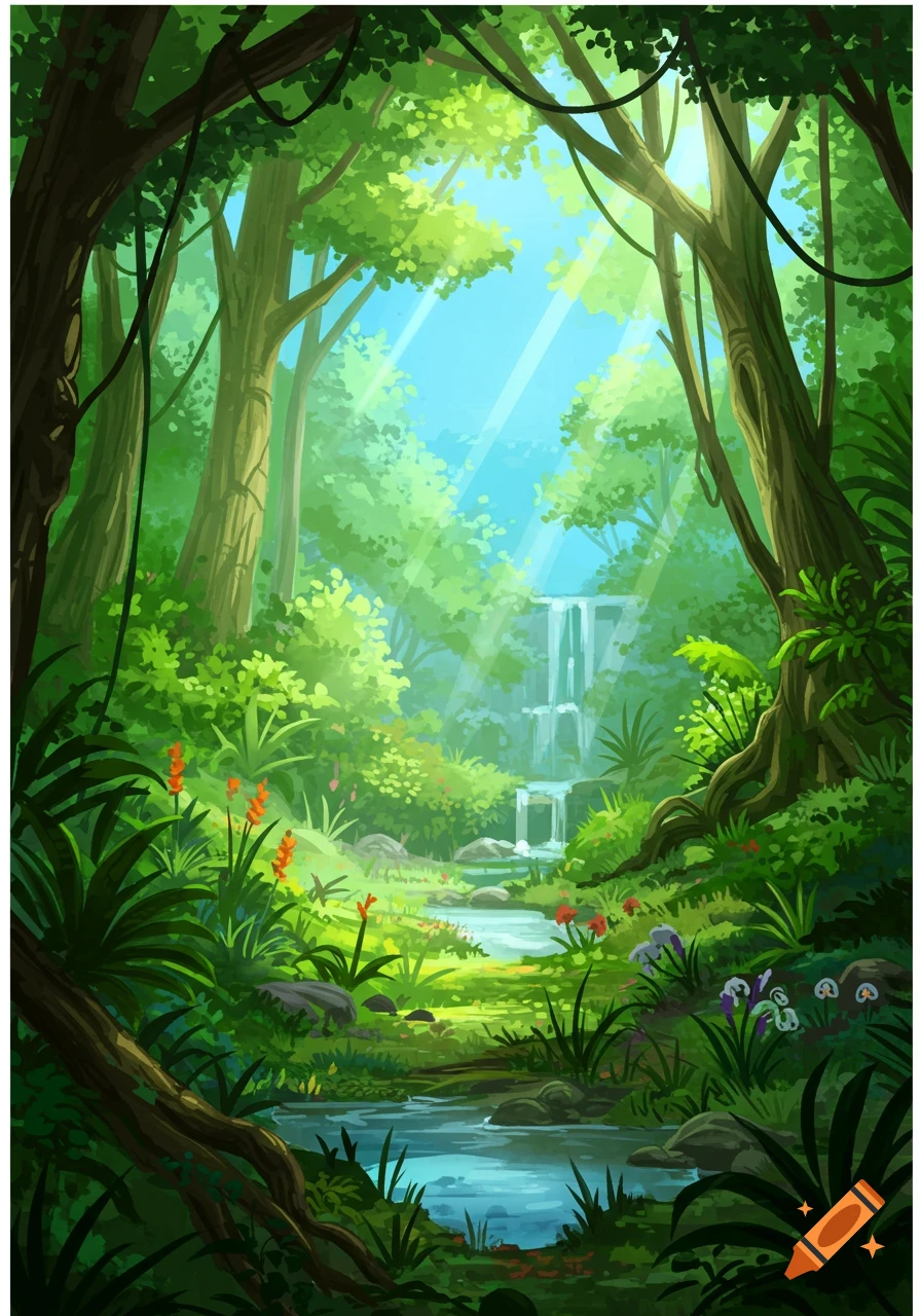 A vibrant cartoon jungle scene with a waterfall, flowing stream, dense green foliage, and sun rays piercing through the canopy.