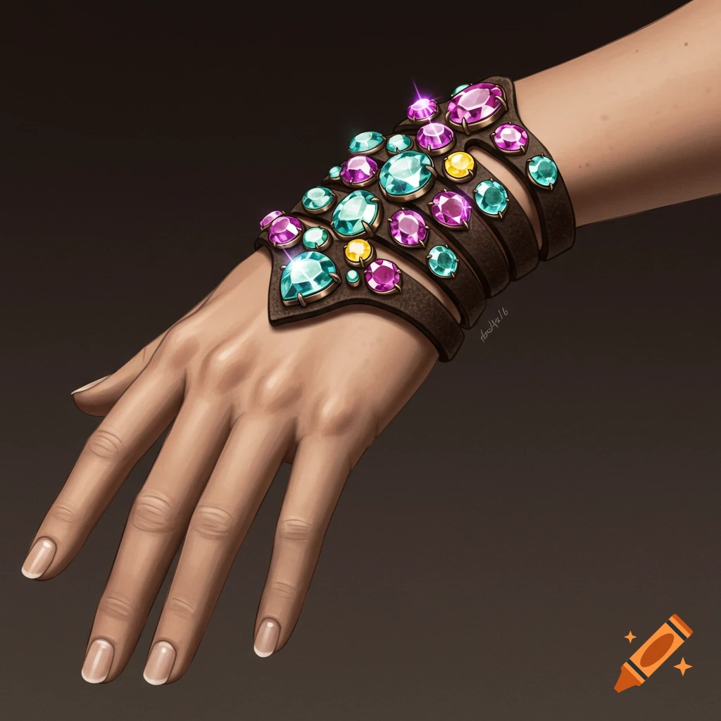 A detailed illustration of a hand wearing a brown leather bracelet adorned with colorful, sparkling jewels.