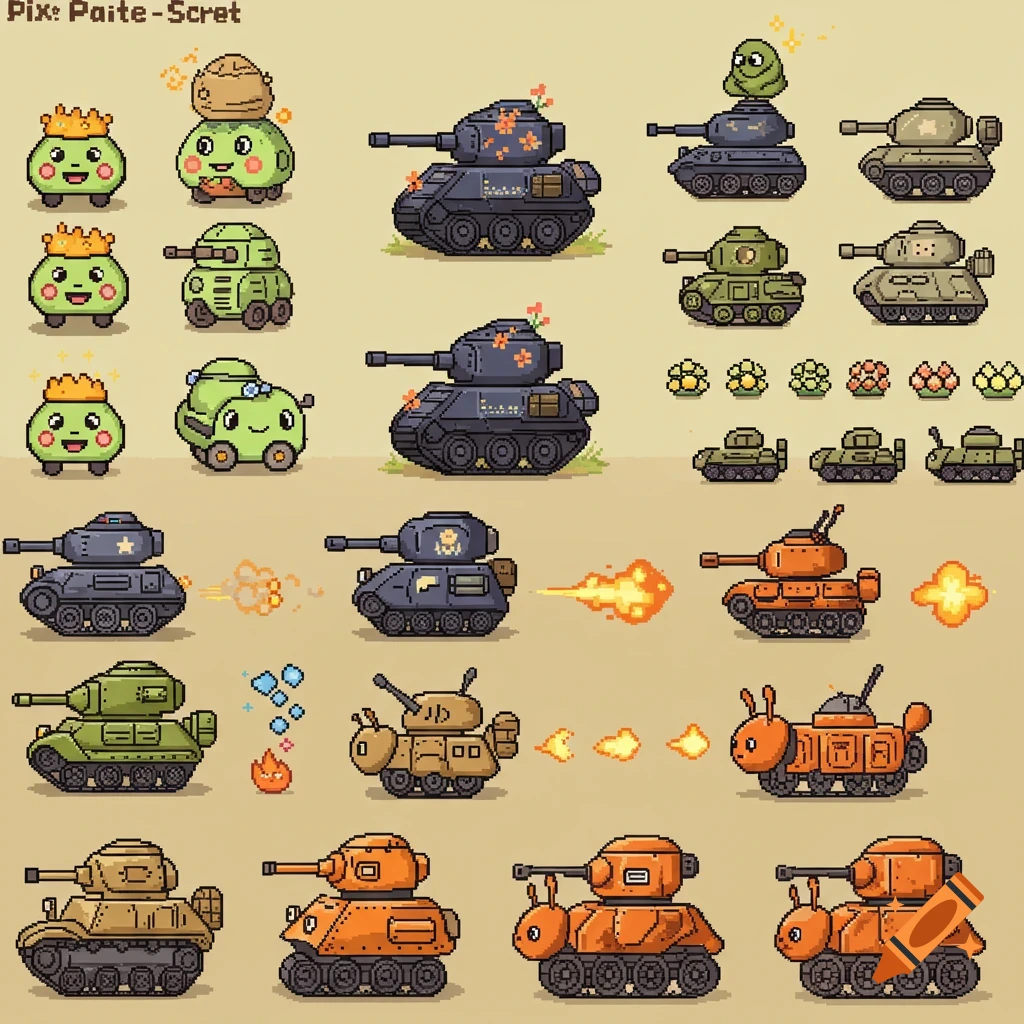 A pixel art sprite sheet of charming tanks, some with faces, small blob characters, and explosion effects.