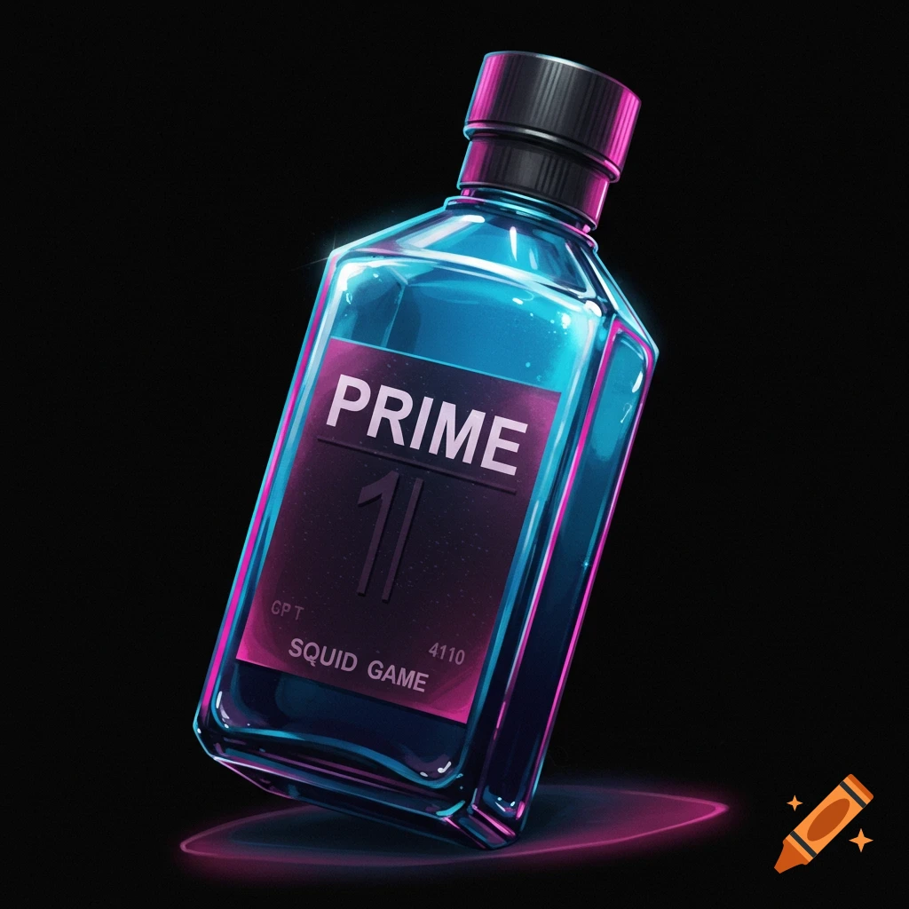 A neon-lit blue and pink bottle labeled 'PRIME' and 'SQUID GAME' against a black background.