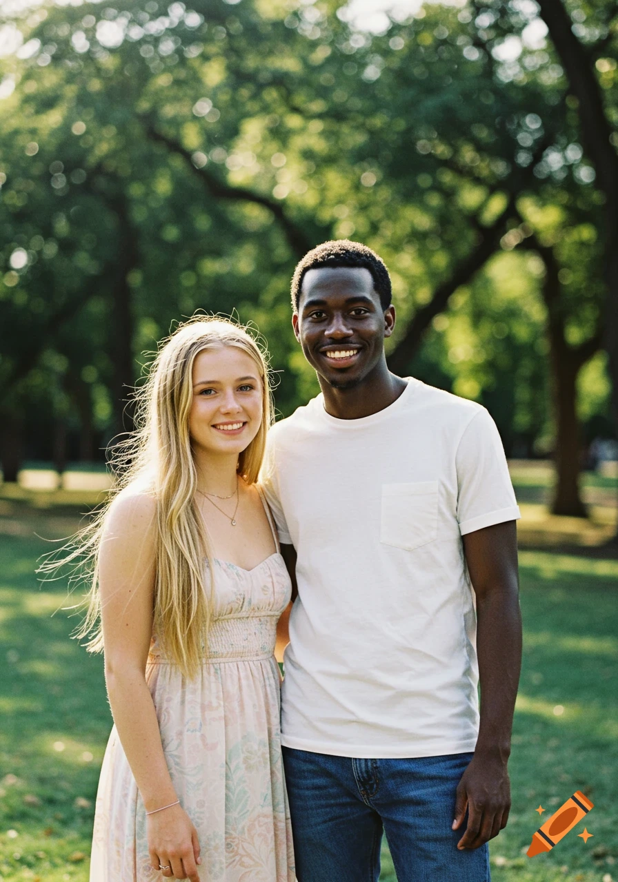 A smiling blonde woman and a Black man stand close together in a sunny park with green trees in the background.