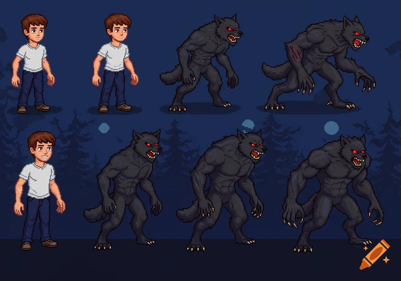 Pixel art illustrating the stages of a boy transforming into a werewolf, against a dark forest background.