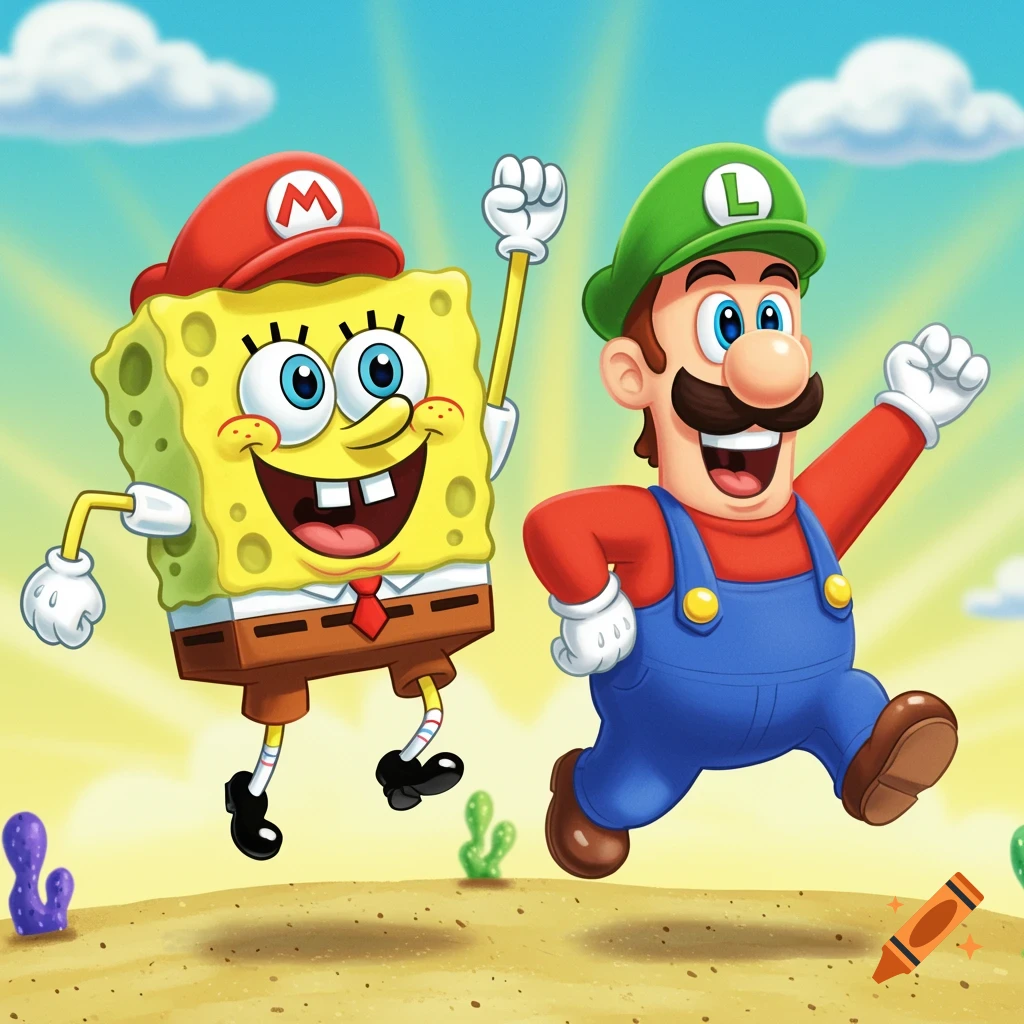 SpongeBob SquarePants dressed as Mario and Luigi running side-by-side in a desert landscape under a sunny sky.