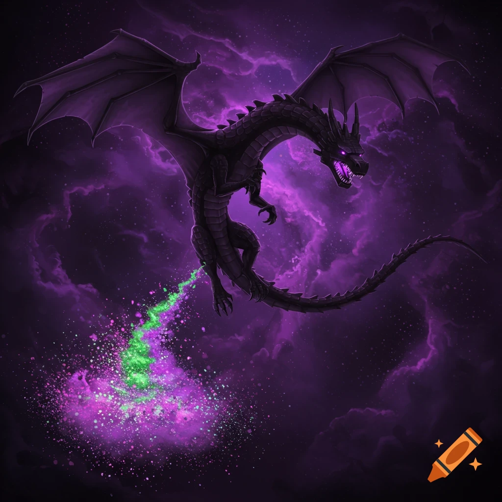 A black dragon with purple eyes flies against a purple nebula background, emitting a trail of green and purple sparkles.