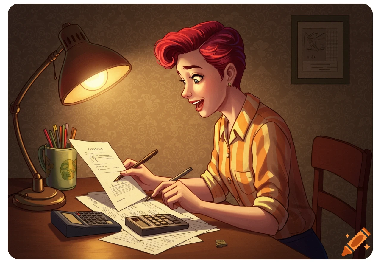 A retro-style illustration of a red-haired woman at a desk under a lamp, working on finances with documents and calculators.