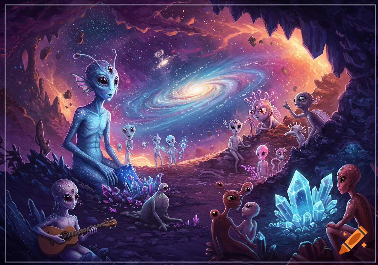 A group of colorful aliens in a vibrant, cosmic cave, with a galaxy swirling in the background and one alien playing a ukulele.