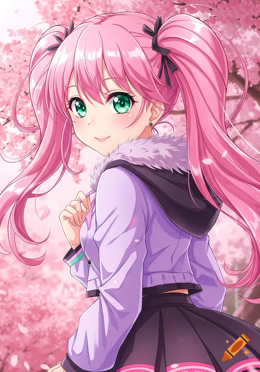 Anime girl with pink pigtails and green eyes in a purple jacket, looking over her shoulder in a cherry blossom garden.