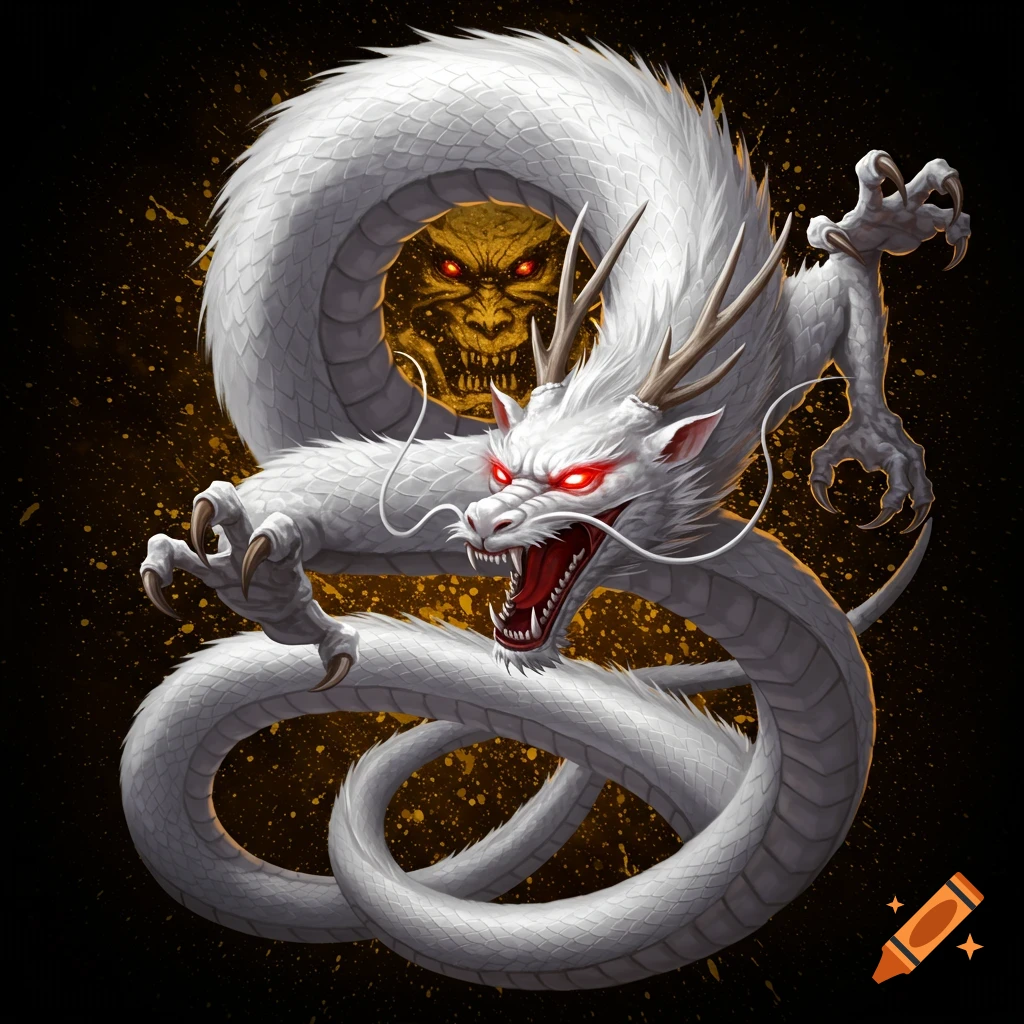 A fierce white Chinese dragon with glowing red eyes and an open mouth, set against a dark background with gold splatters and a menacing gold monster face behind it.