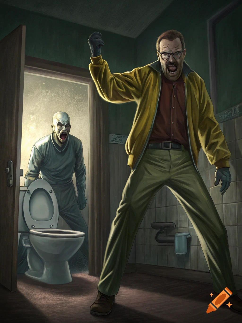 Digital illustration of an angry Walter White raising his fist at a bald, screaming man emerging from a toilet in a bathroom.