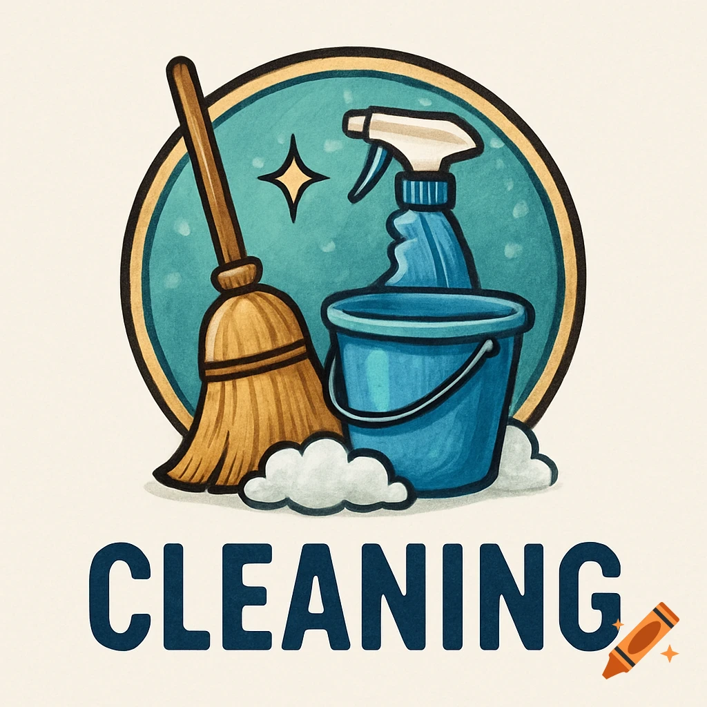 An illustration of a broom, spray bottle, and bucket inside a teal circle, with the word 'CLEANING' in dark blue text below.