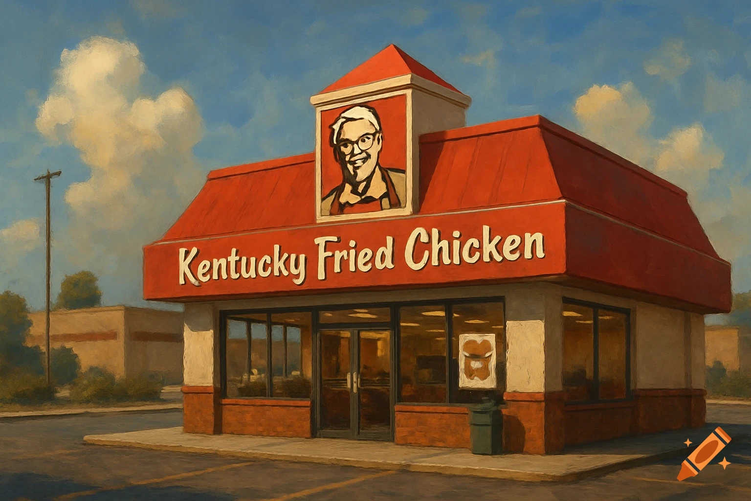 A Kentucky Fried Chicken restaurant building with its iconic red roof and Colonel Sanders logo, rendered in a painterly style.