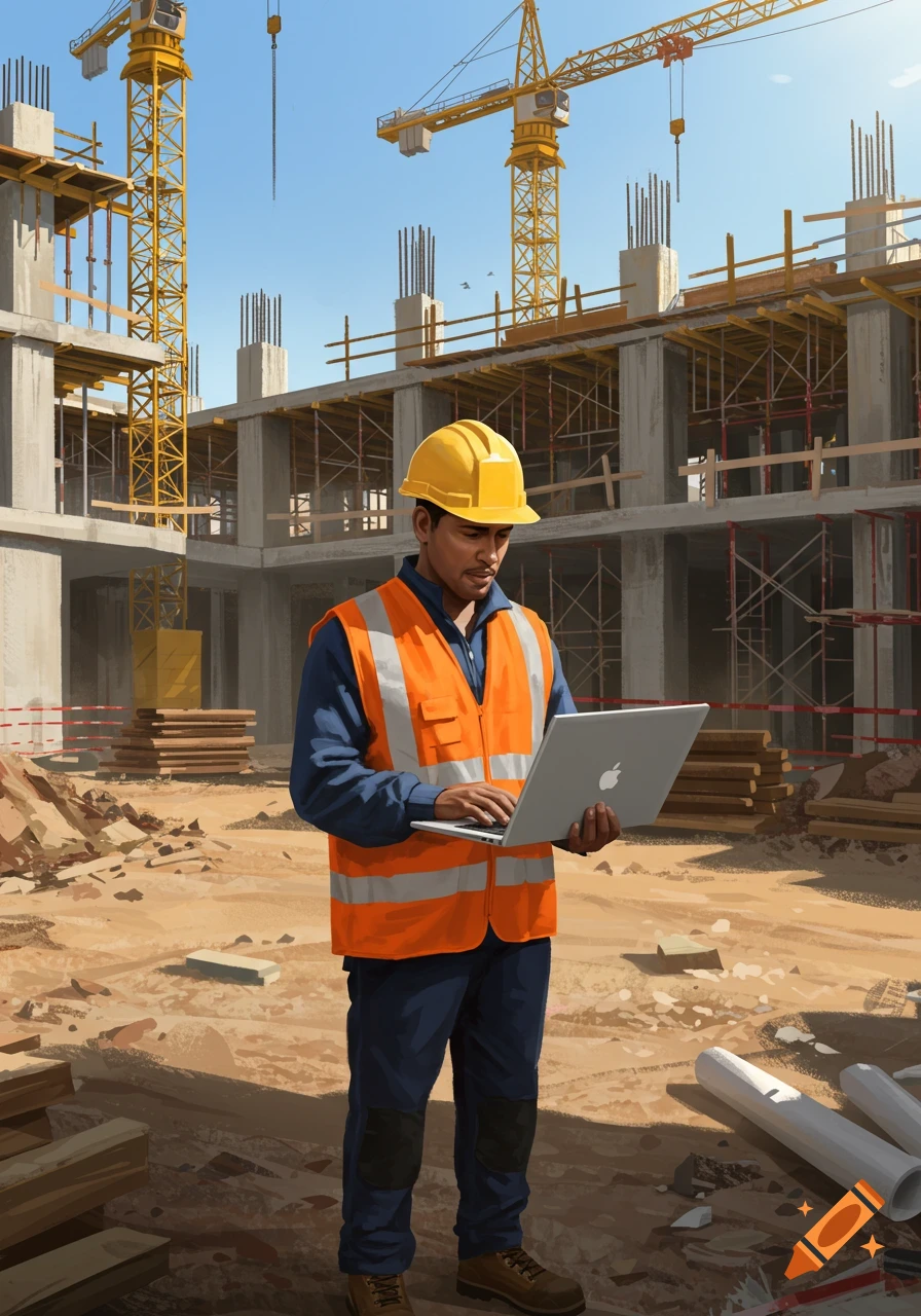 A male construction worker in an orange vest and yellow hard hat uses a laptop at a busy construction site with cranes. Digital illustration.