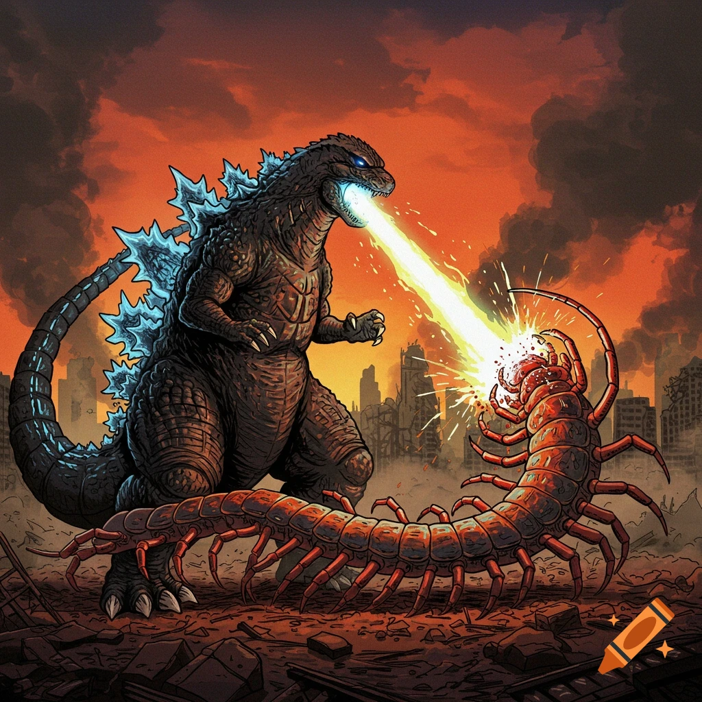 Godzilla battles a giant centipede in a destroyed city under an orange sky, drawn in a comic book style.