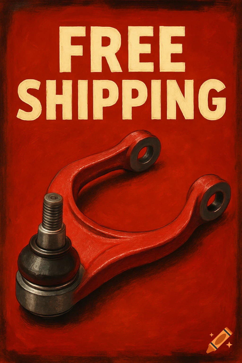 A vibrant red poster with the words "FREE SHIPPING" in bold cream letters, featuring a detailed red automotive ball joint control arm.