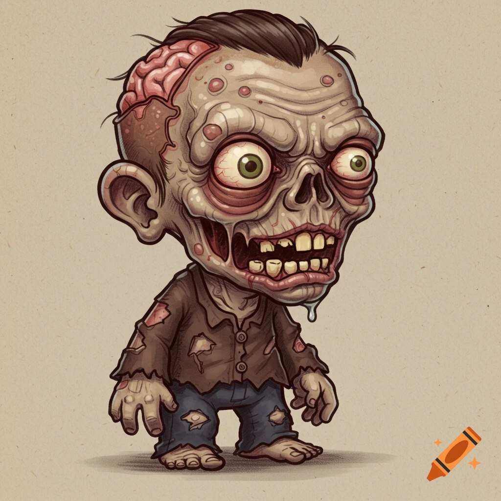 A cute, stylized cartoon zombie with an exposed brain, bulging green eyes, open mouth with large teeth, and ragged brown clothes.