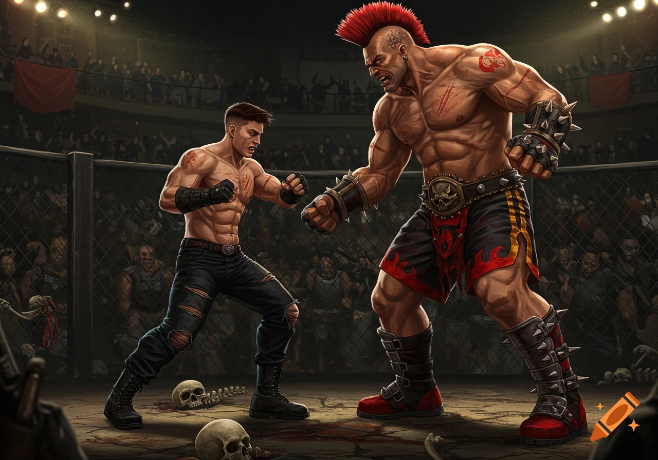 Two muscular fighters, one smaller with brown hair and one larger with a red mohawk, face off in a dimly lit arena surrounded by a crowd and scattered skulls, in a dramatic game art style.