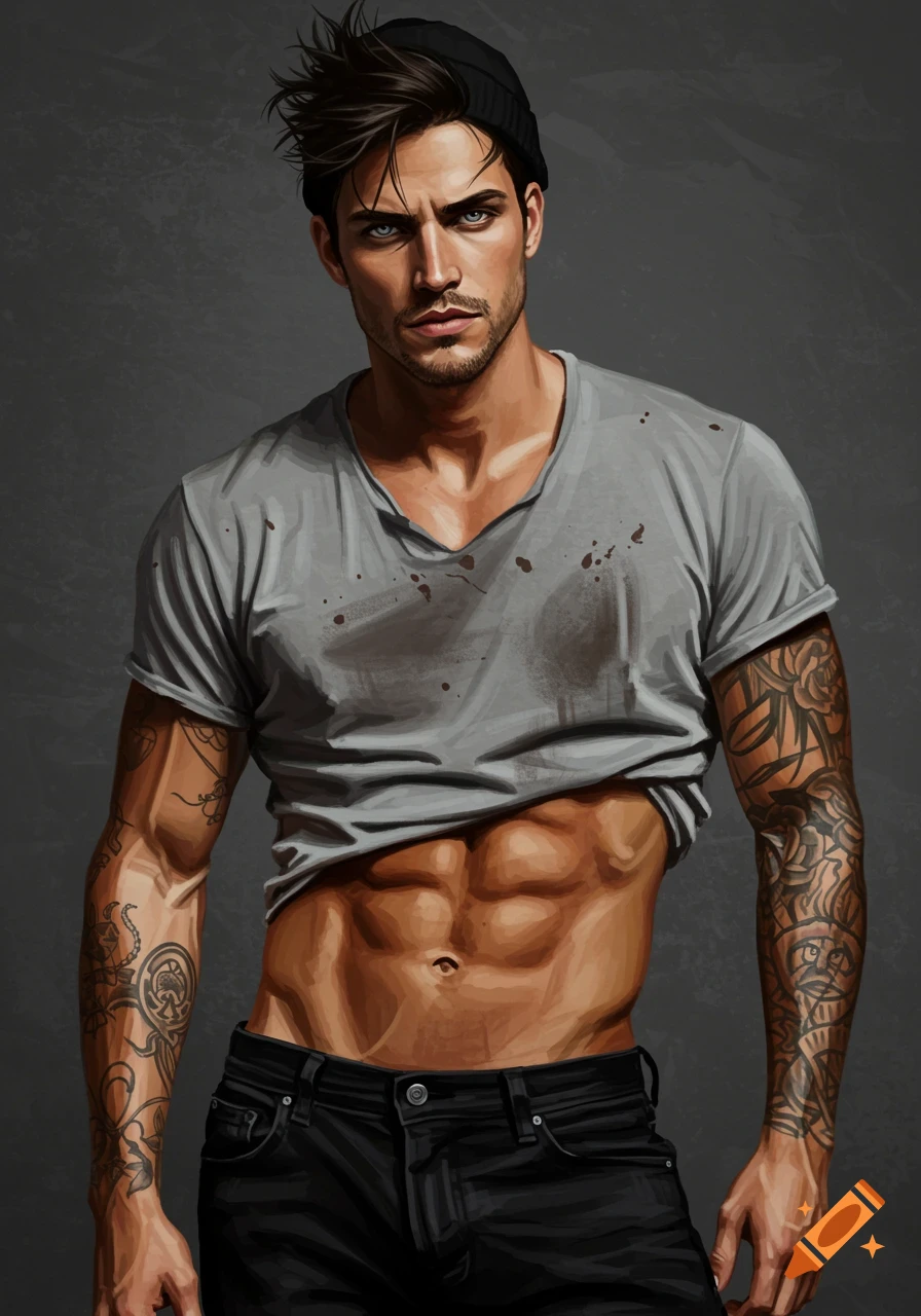 A muscular man in a black beanie, grey t-shirt pulled up to show abs, and black jeans, covered in tattoos, in a digital painting.