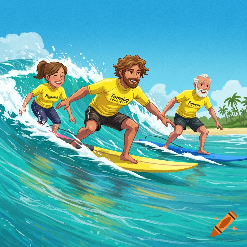 An illustration of three smiling people in yellow shirts surfing on a wave, with a beach and palm trees in the background.