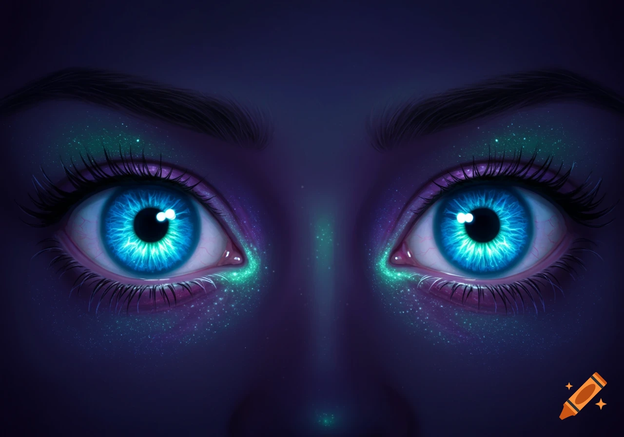 Close-up of bright blue glowing eyes with sparkling green and purple makeup on a dark background.