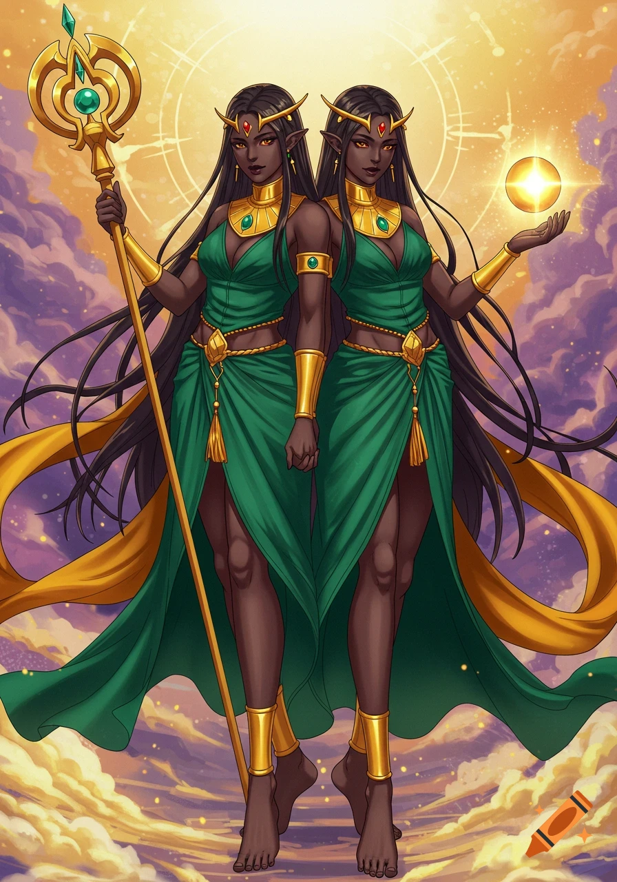 Two identical dark-skinned anime goddesses in green and gold attire stand among clouds, one holding a staff, the other a glowing orb.