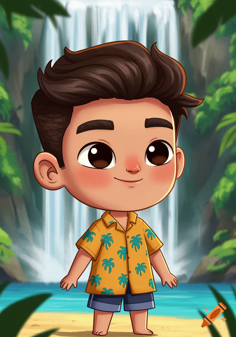 A cute cartoon boy in a yellow Hawaiian shirt and shorts smiles on a tropical beach with a waterfall and lush greenery in the background.