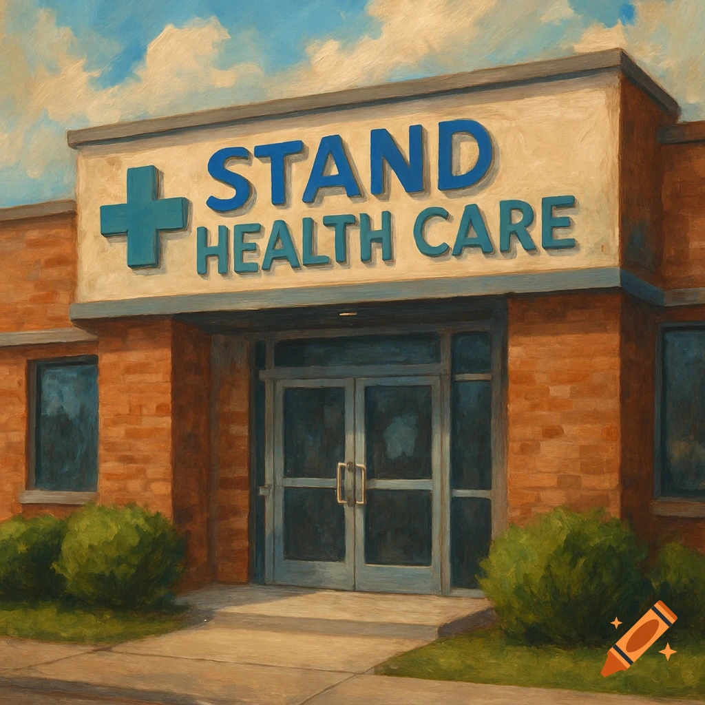 Front view of a brick healthcare building with a sign reading 'STAND HEALTH CARE' under a blue sky, in a painterly style.