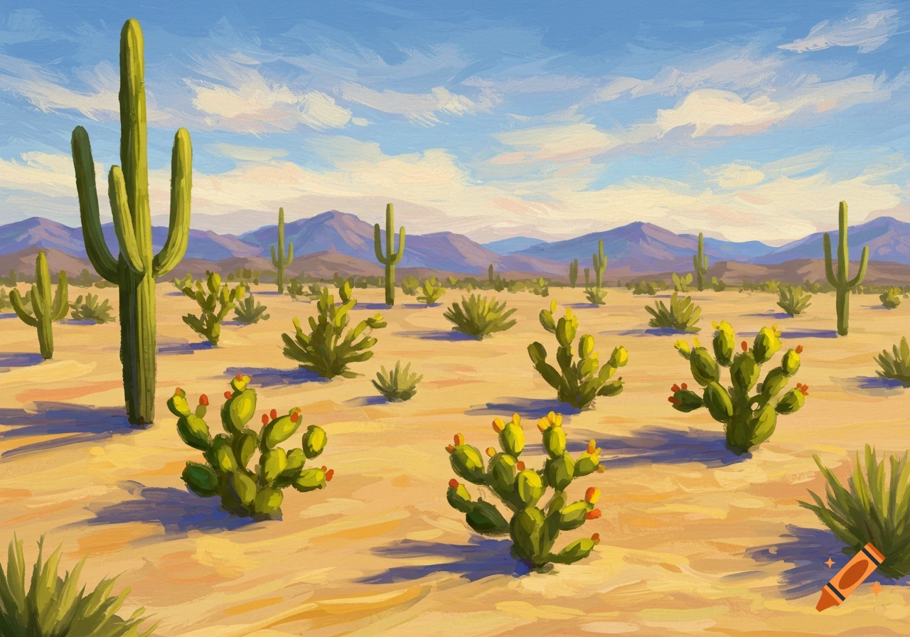 Vibrant impressionist desert landscape painting with saguaro and prickly pear cacti, mountains, and a blue sky.