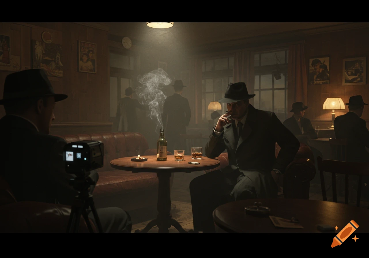 A man in a fedora smokes a cigarette at a table in a dimly lit, smoky bar, with other men in suits in the background.