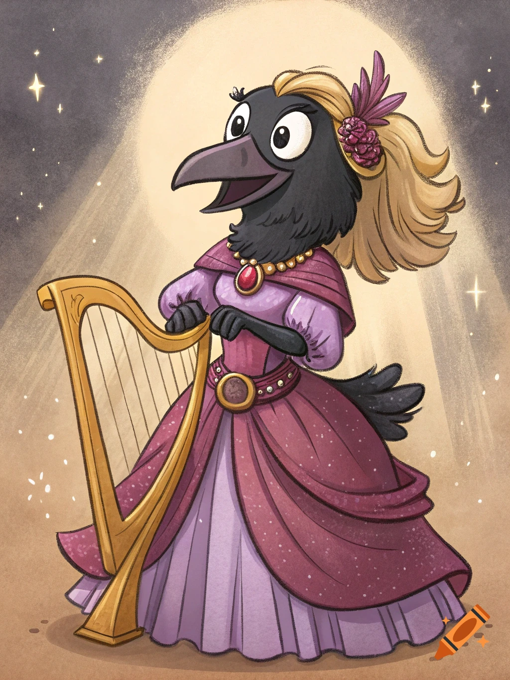 A cartoon anthropomorphic crow bard in a purple gown and blonde hair plays a golden harp on a spotlighted stage.