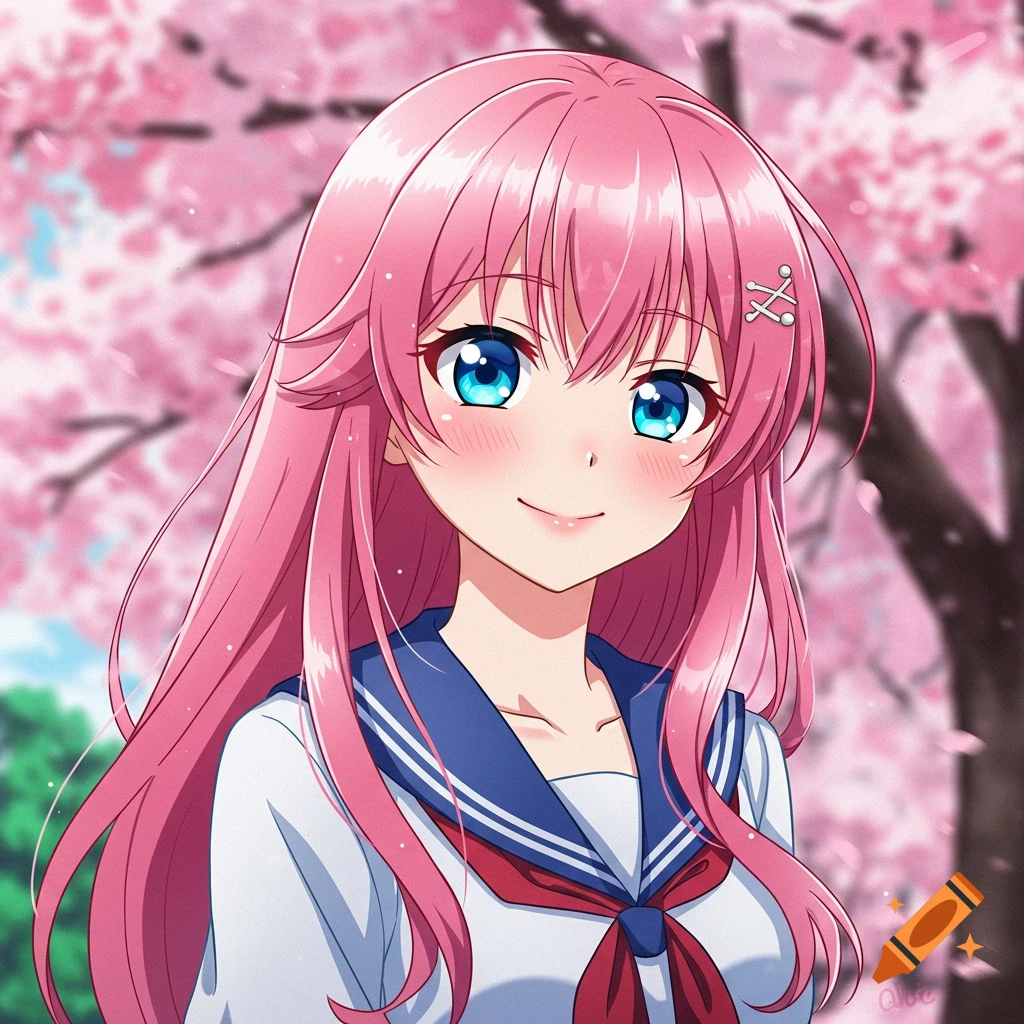 Anime girl with pink hair and blue eyes, wearing a school uniform, smiling in a cherry blossom background.