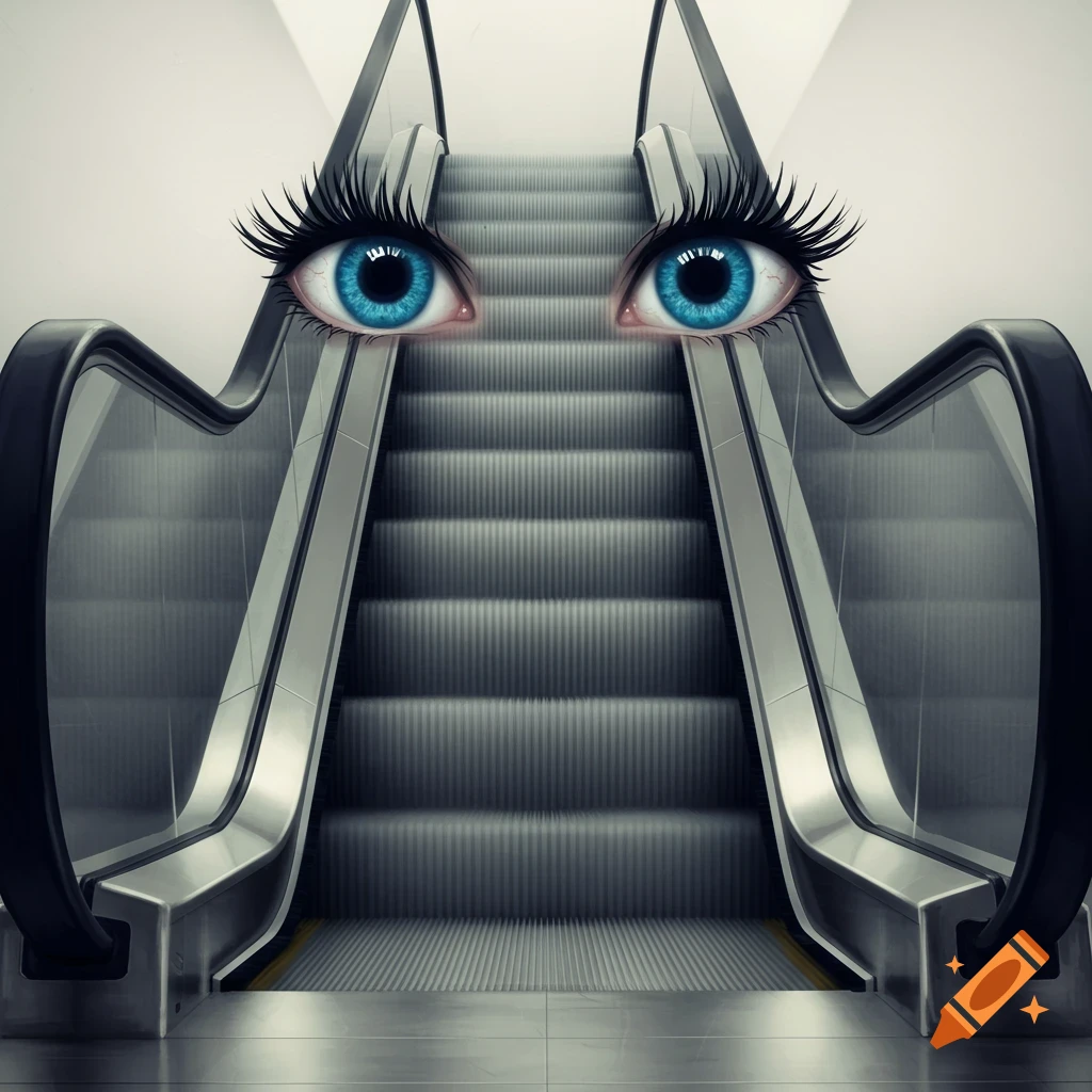 A surreal image of an escalator with large, blue human-like eyes and long eyelashes on its upper part.
