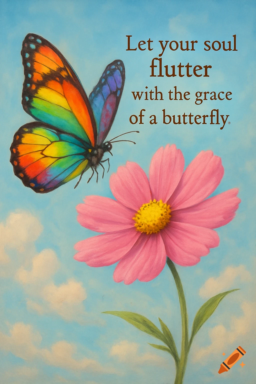 A colorful rainbow butterfly flutters near a pink cosmos flower against a light blue sky with clouds. Text reads: "Let your soul flutter with the grace of a butterfly."