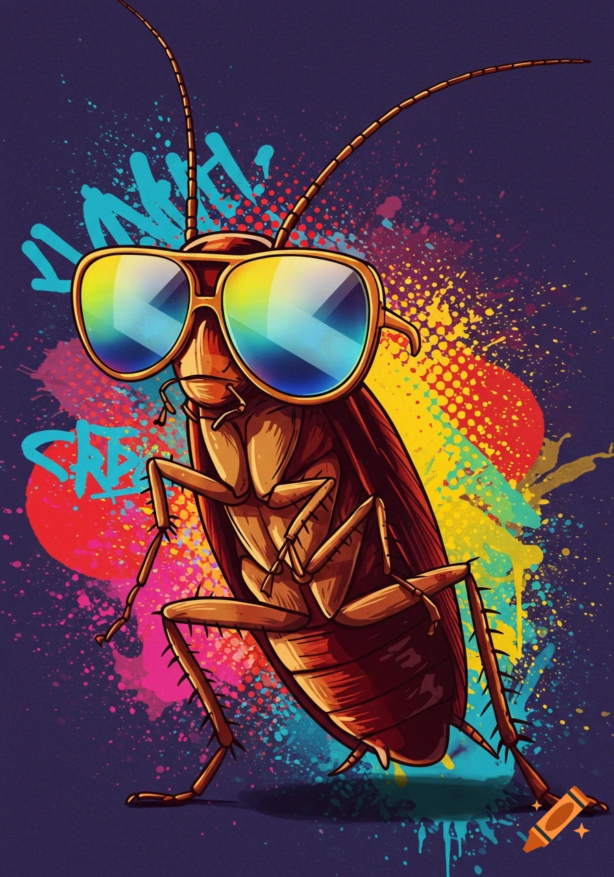 A stylized cartoon cockroach wearing reflective rainbow sunglasses, standing against a dark background with colorful paint splatters in red, yellow, and blue.