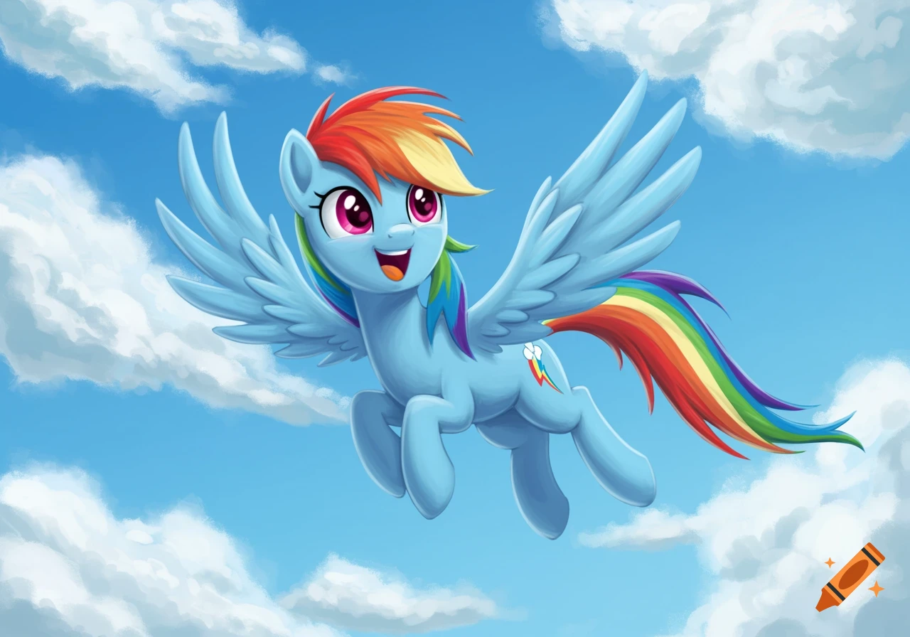 Rainbow Dash, a light blue pegasus with a rainbow mane and tail, flies joyfully against a blue sky with white clouds.