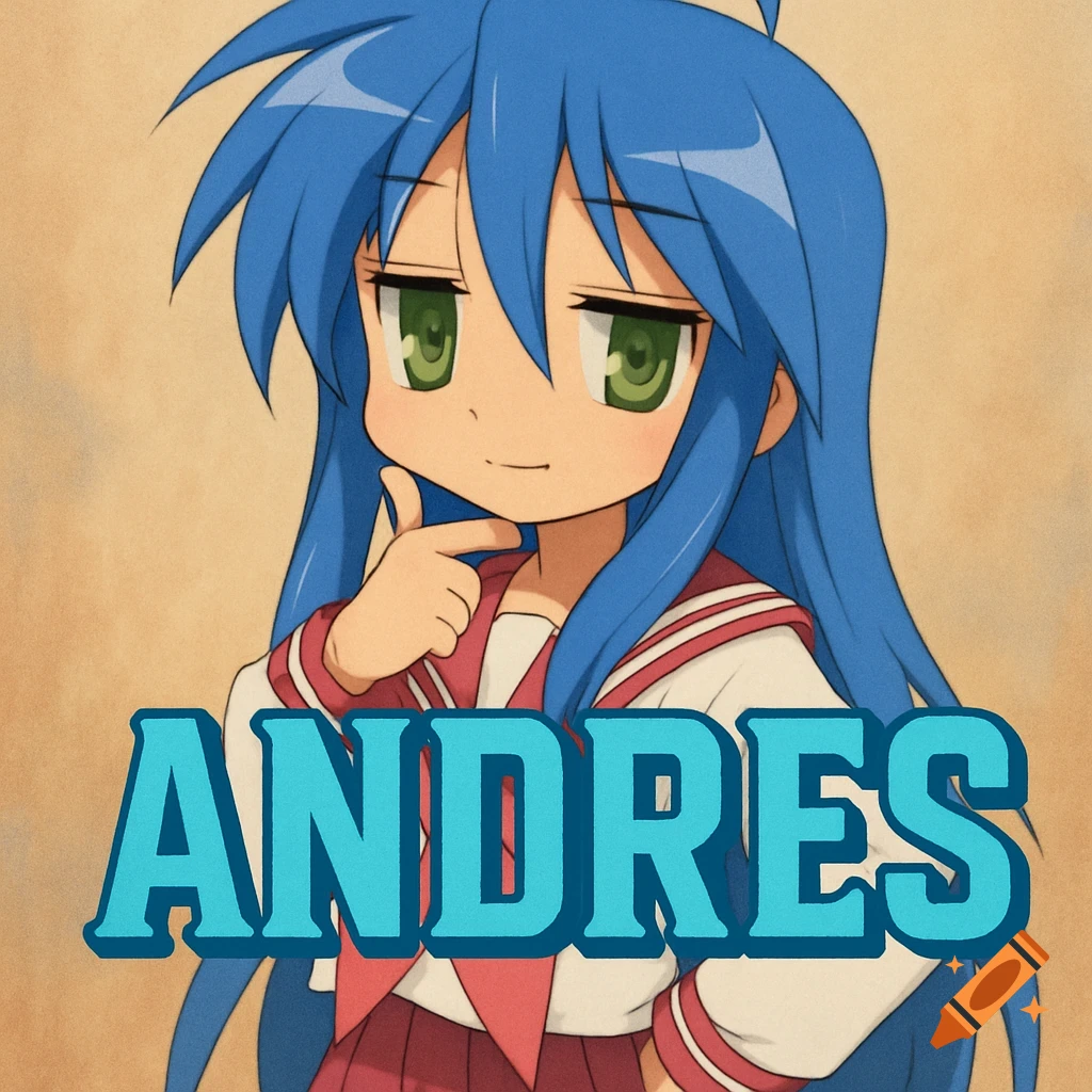 Anime girl Konata from Lucky Star with blue hair in a sailor uniform, thinking, with large text 'ANDRES' in the foreground.