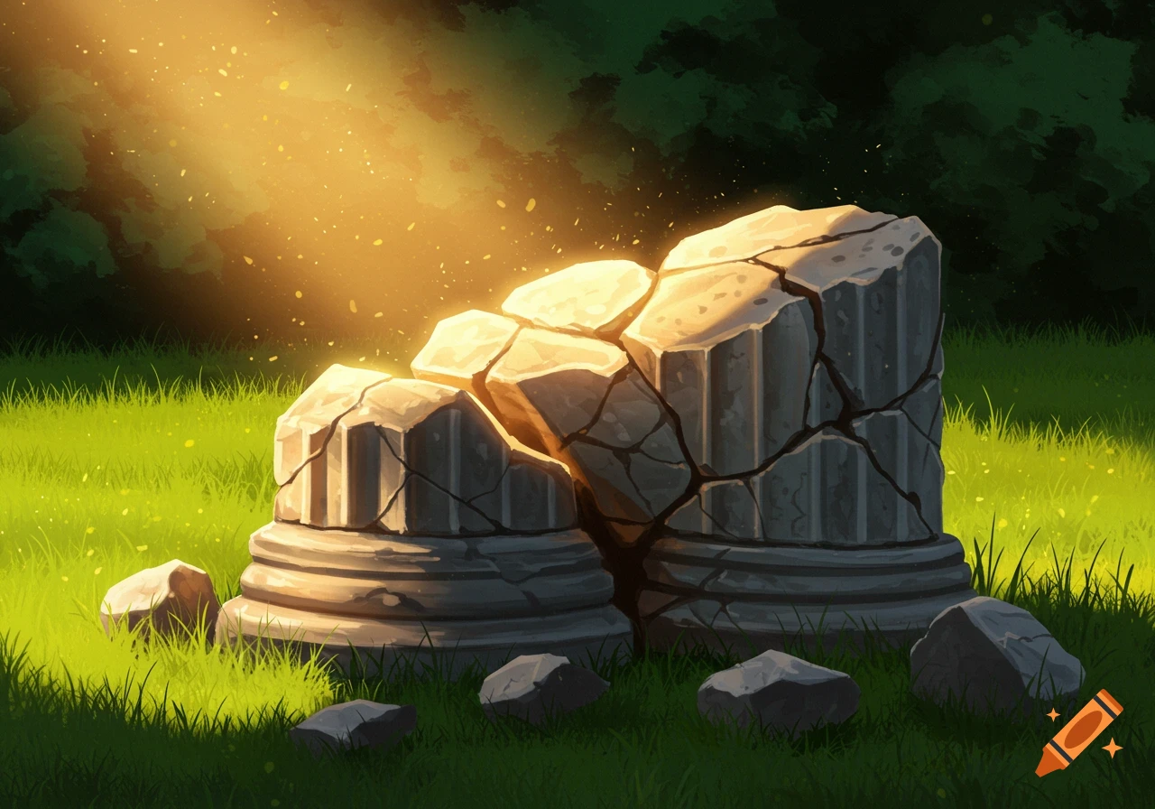 Stylized illustration of ancient broken stone columns bathed in golden sunlight, standing in a lush green field with dark trees.