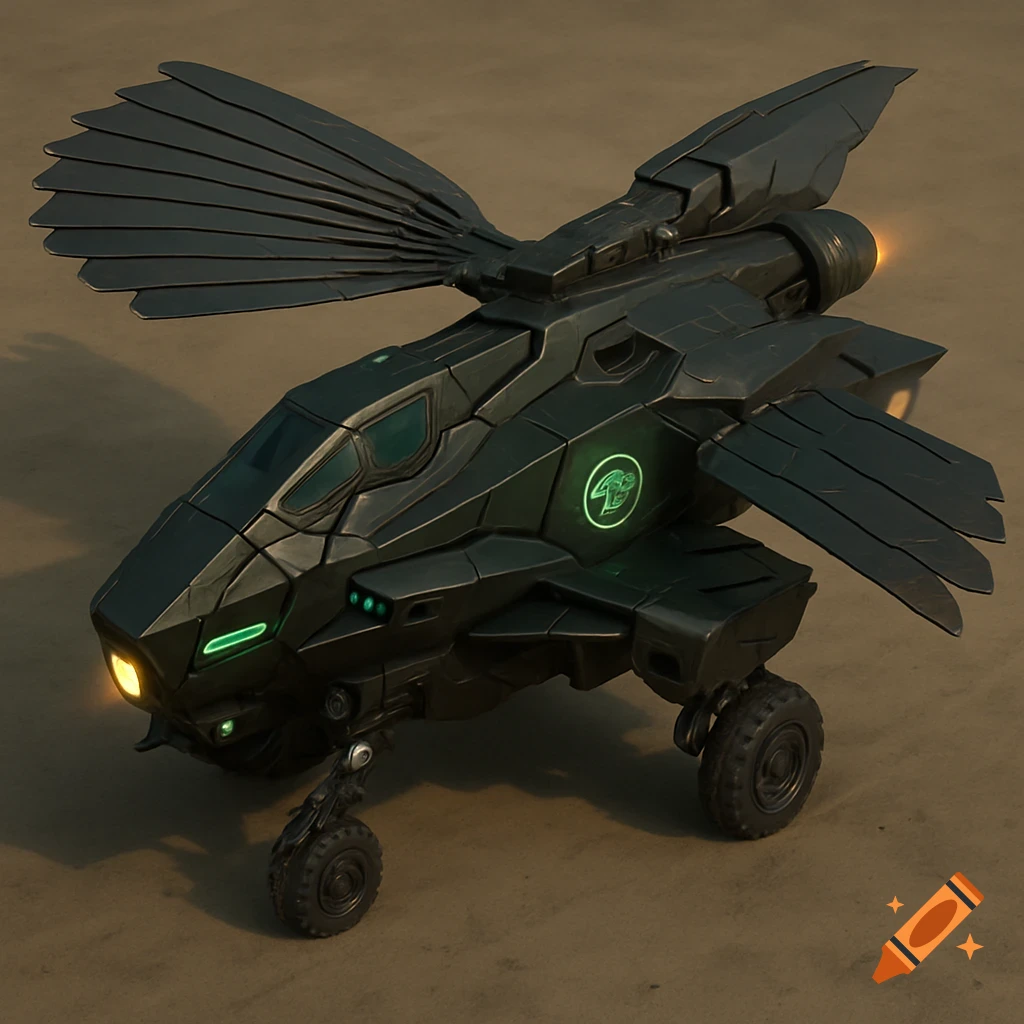 A detailed 3D concept art of a dark green futuristic ornithopter with glowing green and orange lights, featuring intricate mechanical wings and rugged landing gear, on a sandy surface.