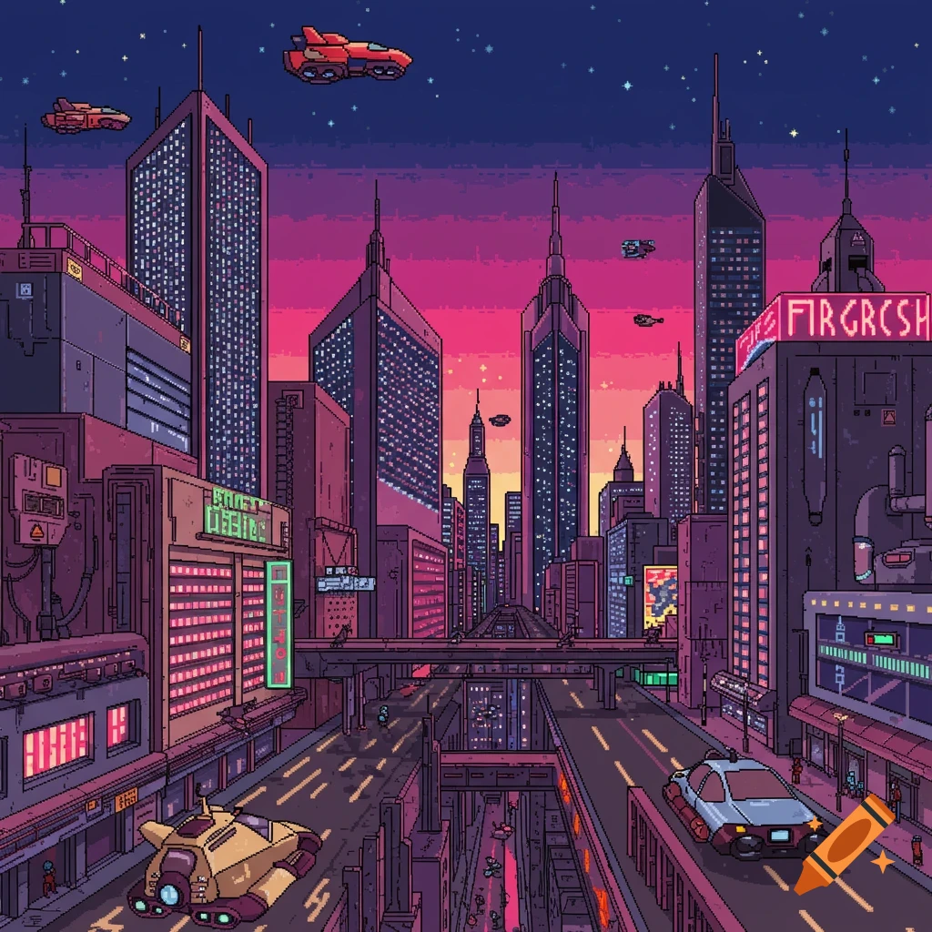 A vibrant pixel art cityscape at dusk with towering futuristic buildings, flying vehicles in the sky, and city streets below.